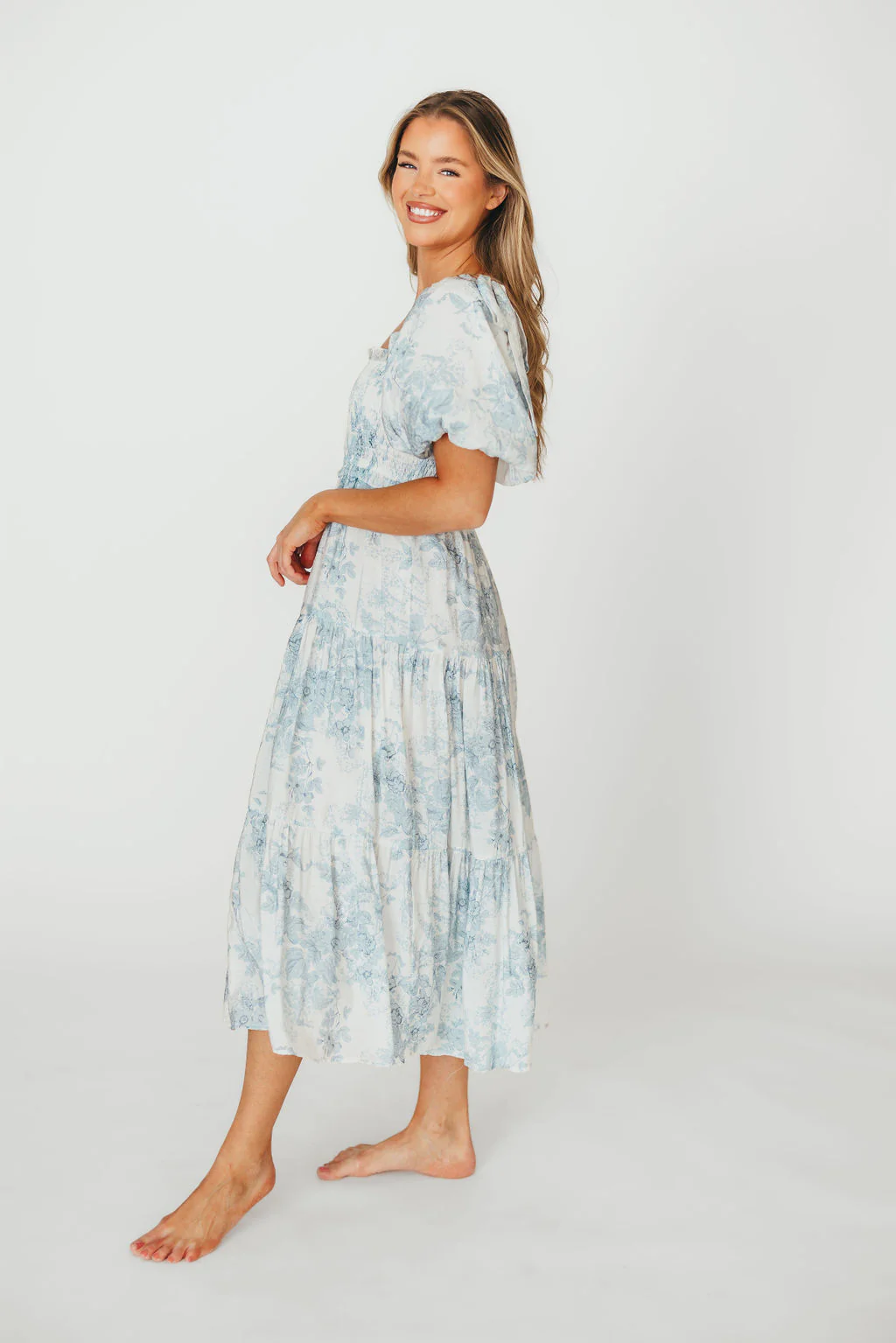 Elena Floral Print Smocked Midi Dress in Blue - Bump Friendly & Inclusive Sizing - Image 17
