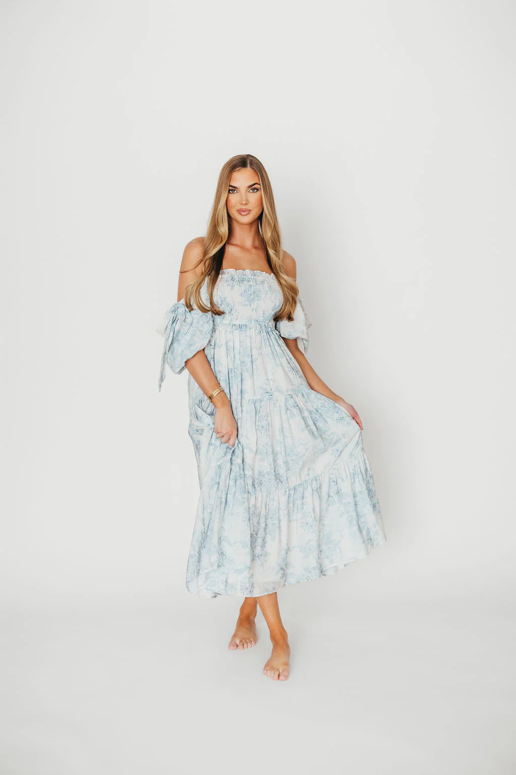 Elena Floral Print Smocked Midi Dress in Blue - Bump Friendly & Inclusive Sizing - Image 20
