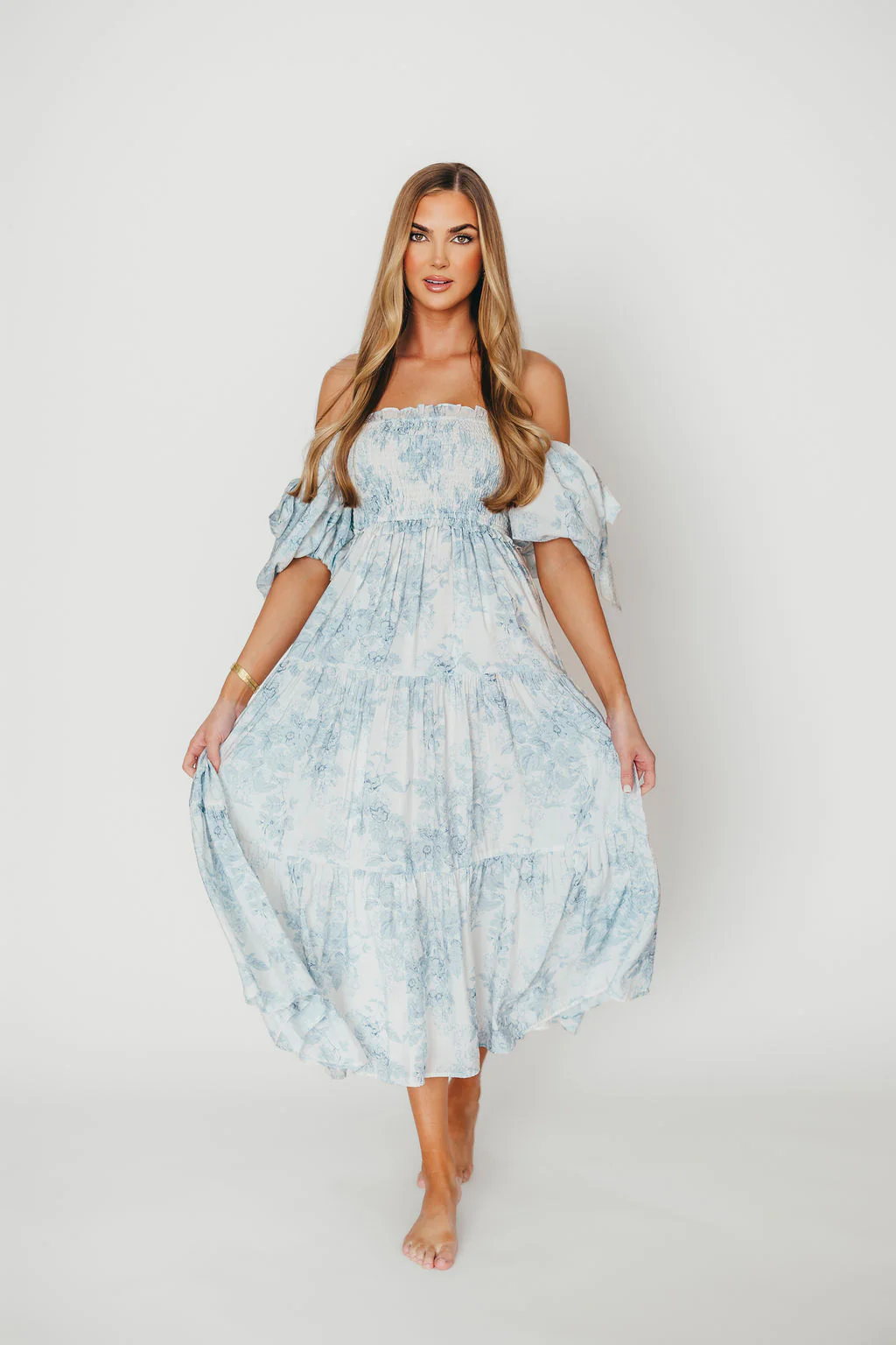 Elena Floral Print Smocked Midi Dress in Blue - Bump Friendly & Inclusive Sizing - Image 21