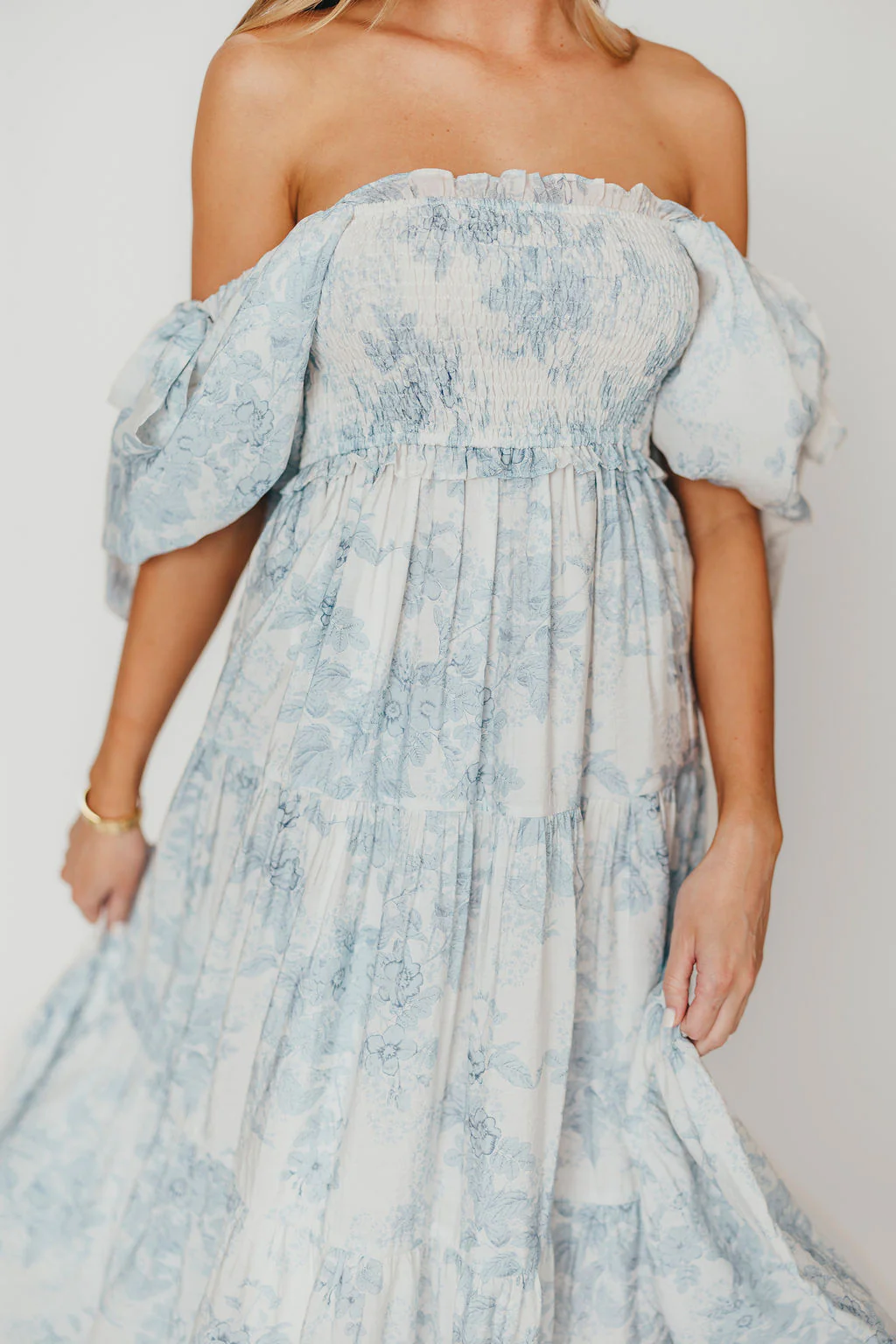 Elena Floral Print Smocked Midi Dress in Blue - Bump Friendly & Inclusive Sizing - Image 24
