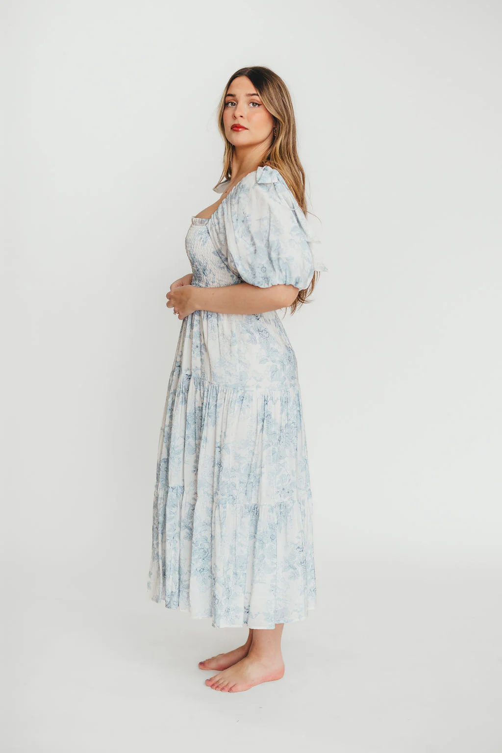 Elena Floral Print Smocked Midi Dress in Blue - Bump Friendly & Inclusive Sizing - Image 26