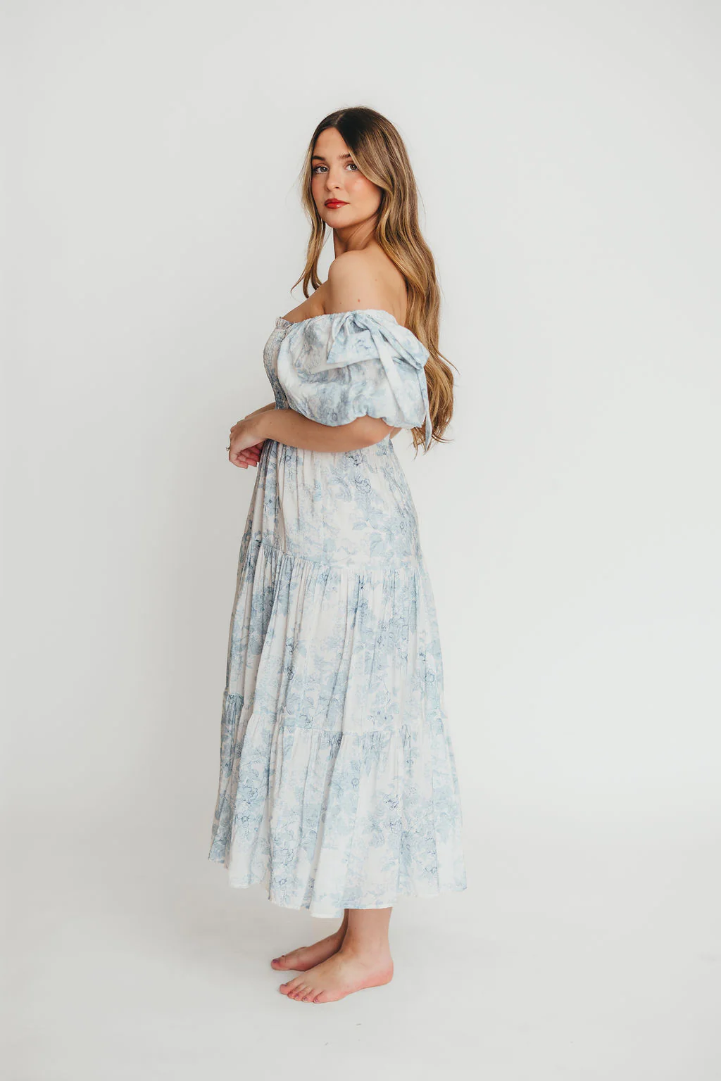 Elena Floral Print Smocked Midi Dress in Blue - Bump Friendly & Inclusive Sizing - Image 27