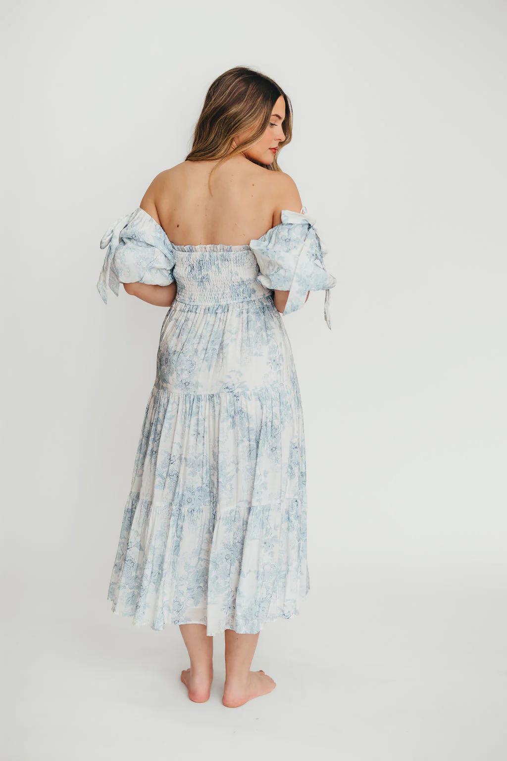 Elena Floral Print Smocked Midi Dress in Blue - Bump Friendly & Inclusive Sizing - Image 28