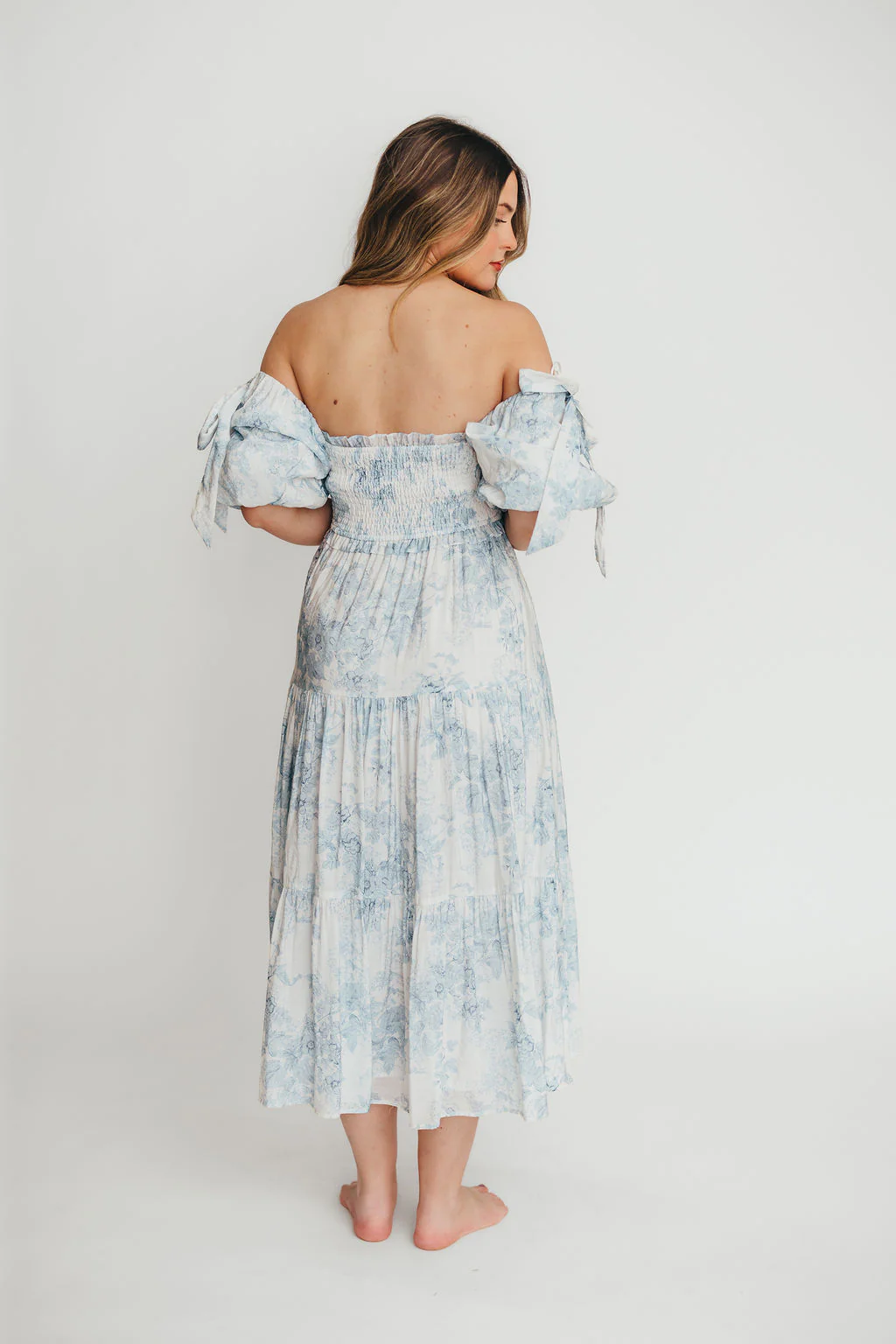 Elena Floral Print Smocked Midi Dress in Blue - Bump Friendly & Inclusive Sizing - Image 29