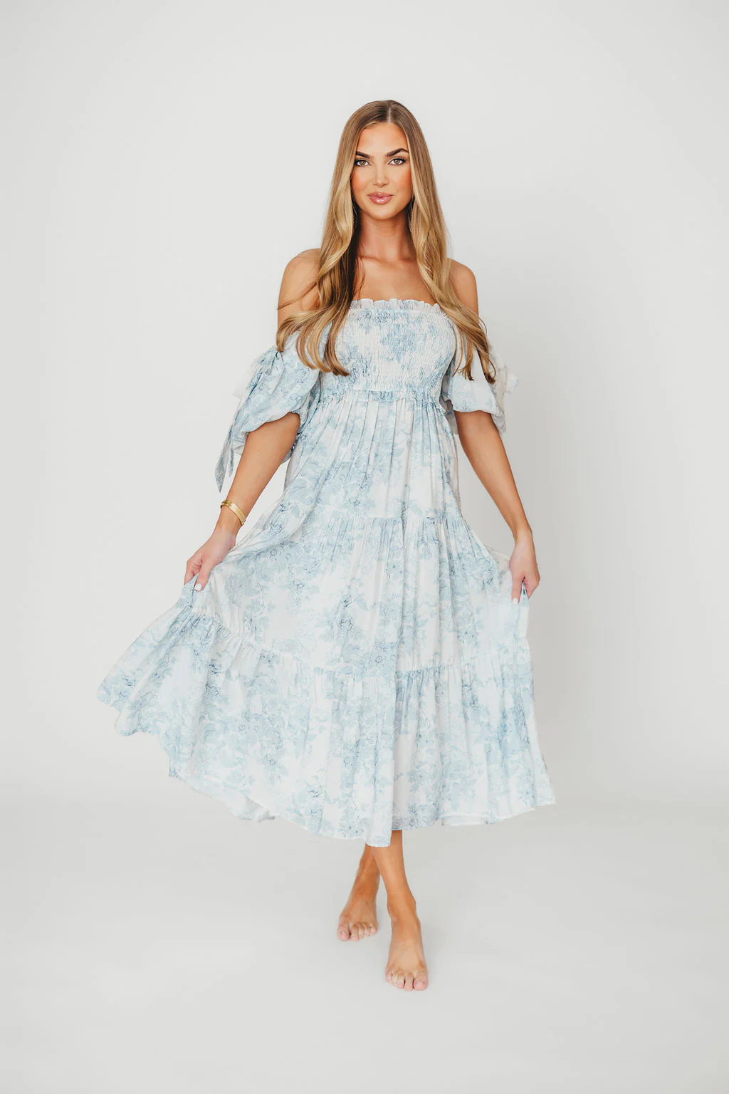Elena Floral Print Smocked Midi Dress in Blue - Bump Friendly & Inclusive Sizing - Image 3