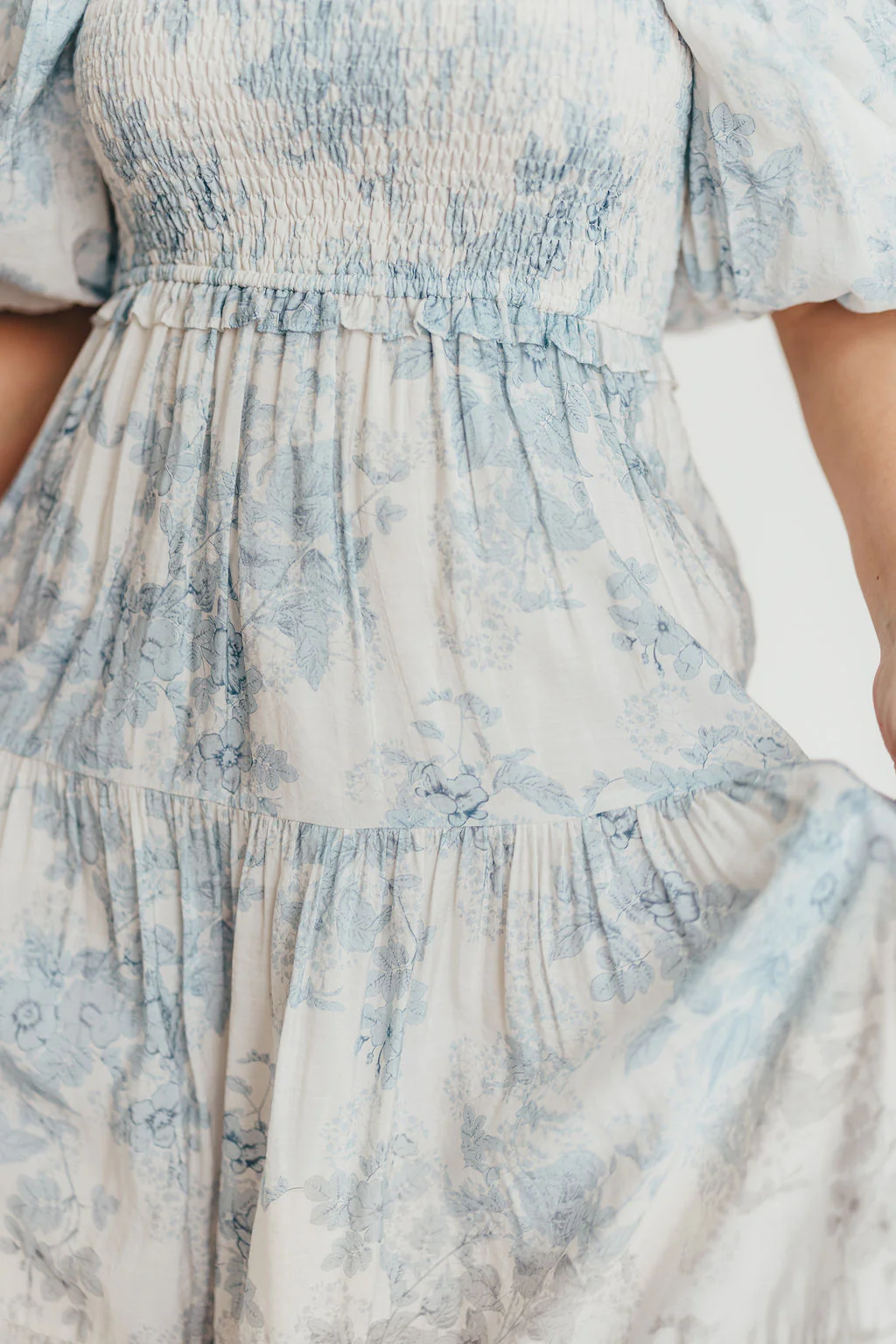 Elena Floral Print Smocked Midi Dress in Blue - Bump Friendly & Inclusive Sizing - Image 30