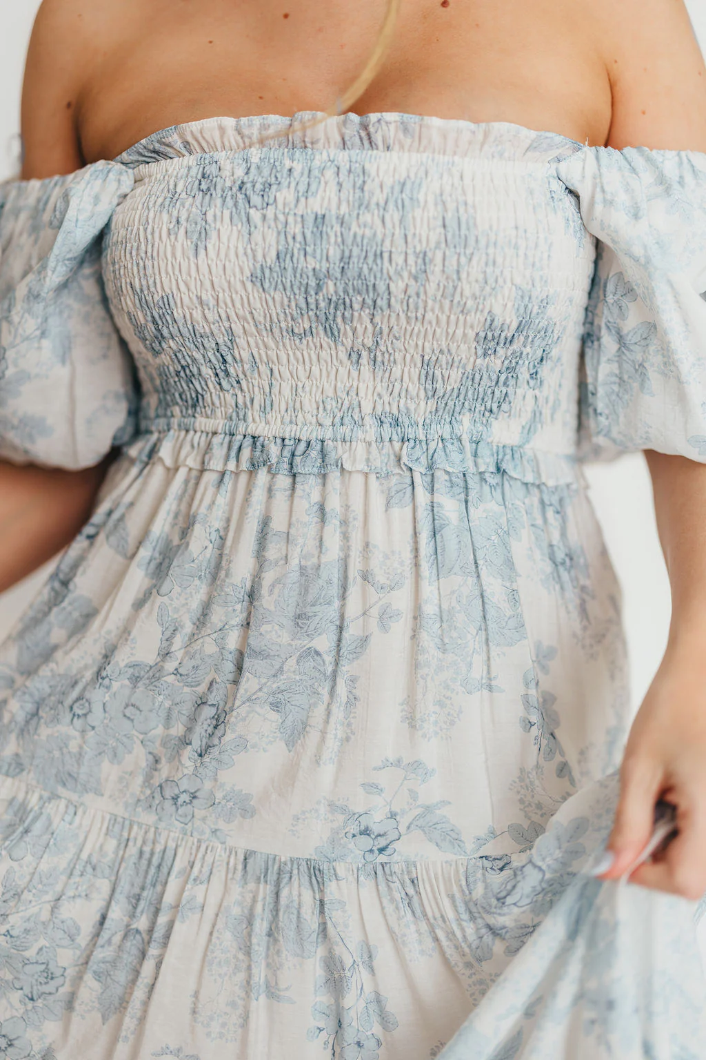 Elena Floral Print Smocked Midi Dress in Blue - Bump Friendly & Inclusive Sizing - Image 31