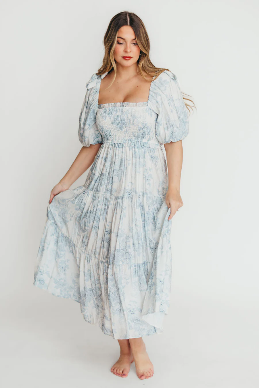Elena Floral Print Smocked Midi Dress in Blue - Bump Friendly & Inclusive Sizing - Image 32
