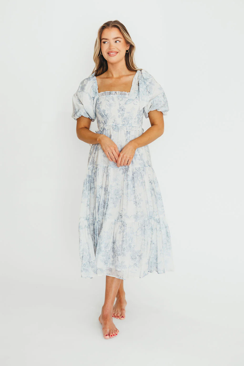 Elena Floral Print Smocked Midi Dress in Blue - Bump Friendly & Inclusive Sizing - Image 33