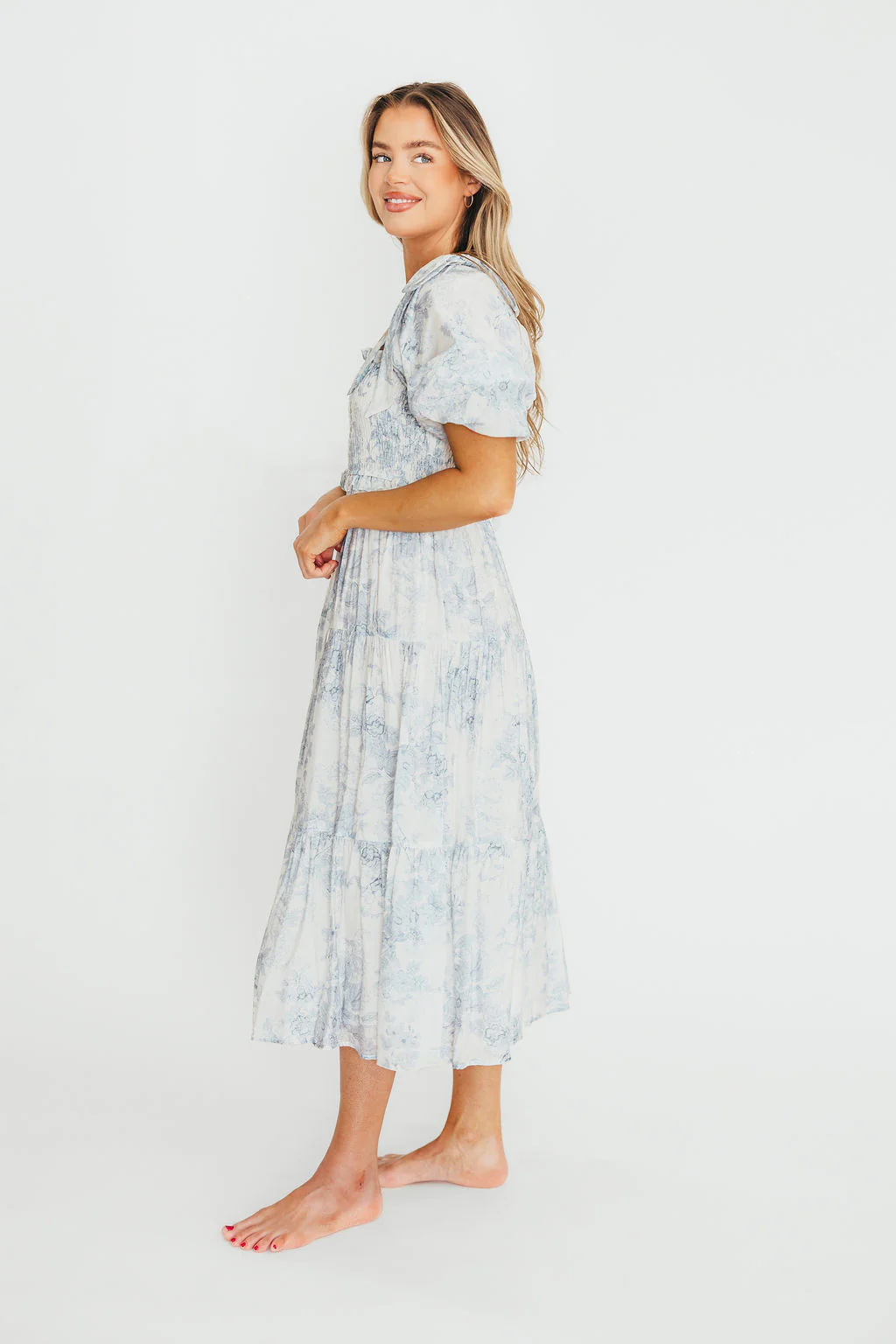 Elena Floral Print Smocked Midi Dress in Blue - Bump Friendly & Inclusive Sizing - Image 34