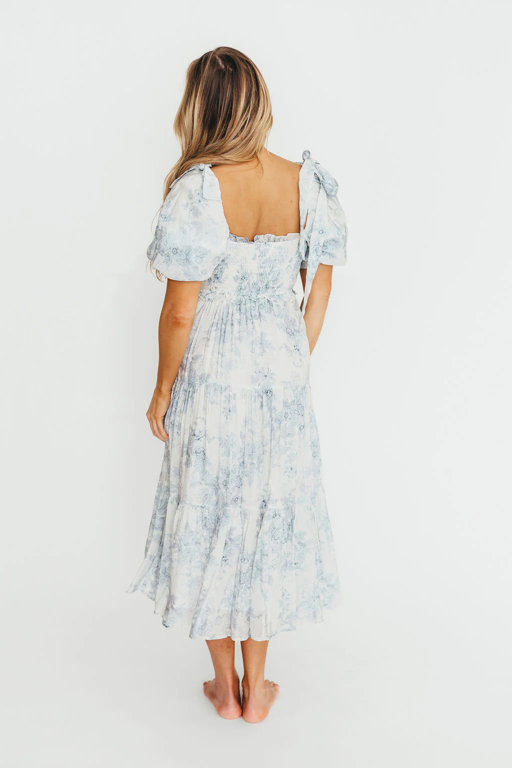 Elena Floral Print Smocked Midi Dress in Blue - Bump Friendly & Inclusive Sizing - Image 35