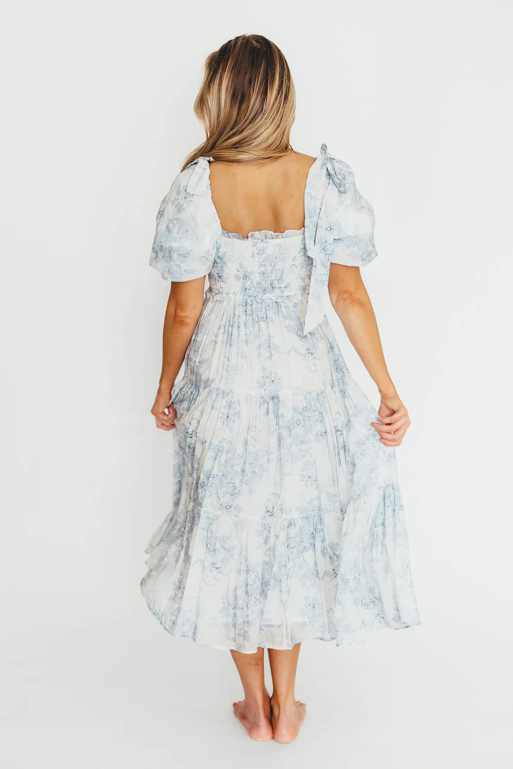 Elena Floral Print Smocked Midi Dress in Blue - Bump Friendly & Inclusive Sizing - Image 36