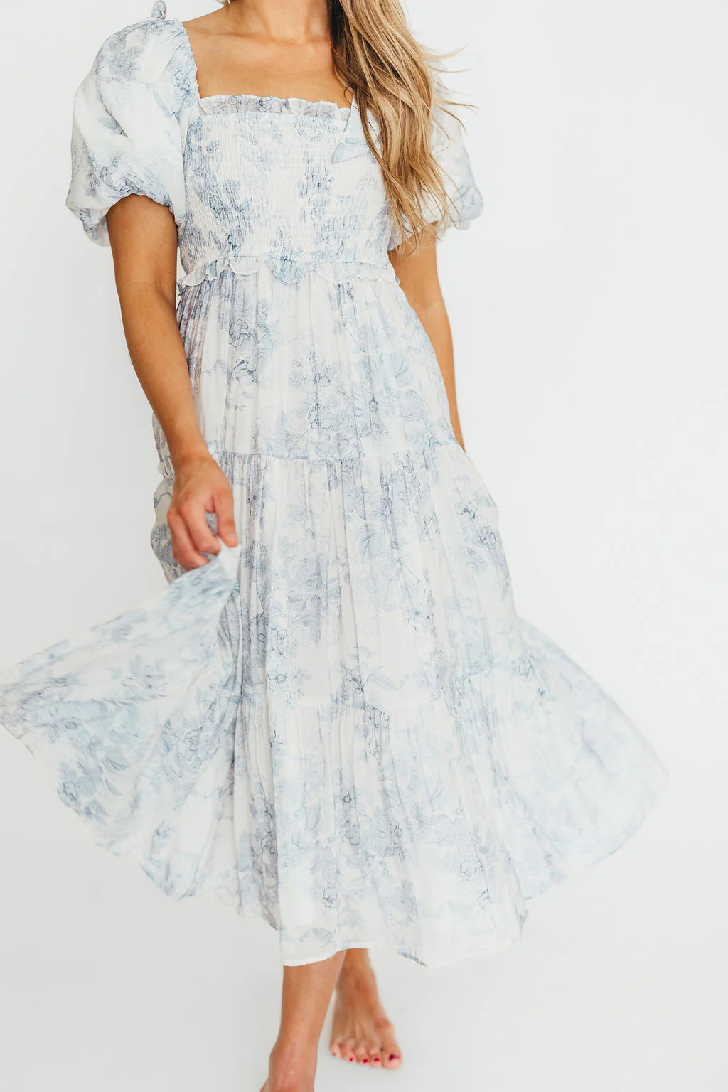 Elena Floral Print Smocked Midi Dress in Blue - Bump Friendly & Inclusive Sizing - Image 37