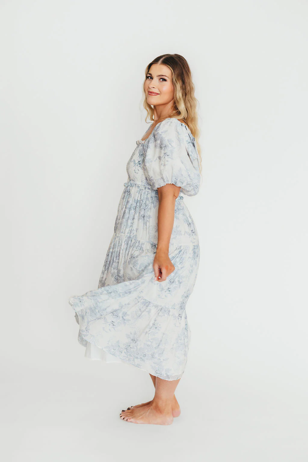 Elena Floral Print Smocked Midi Dress in Blue - Bump Friendly & Inclusive Sizing - Image 38