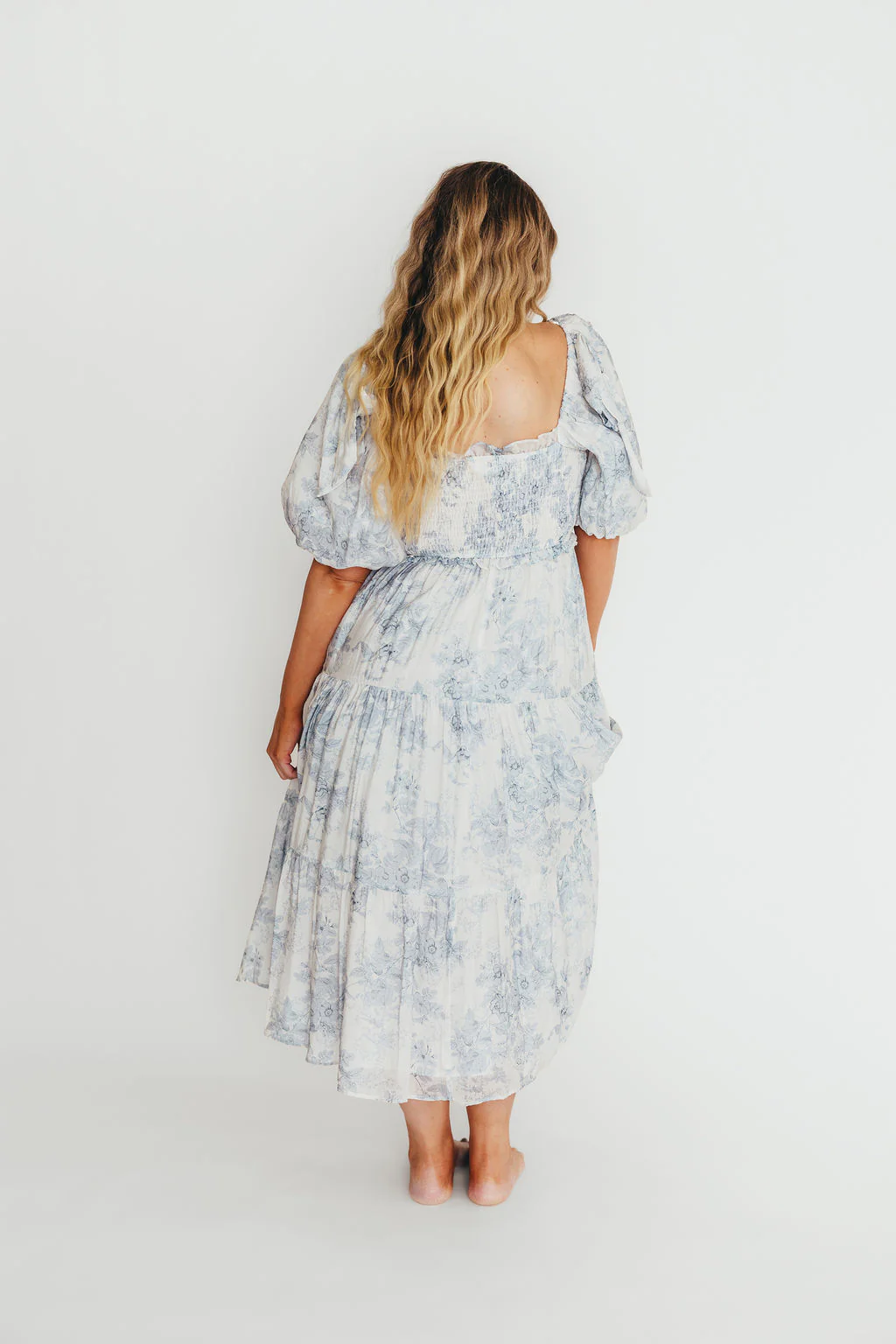 Elena Floral Print Smocked Midi Dress in Blue - Bump Friendly & Inclusive Sizing - Image 39