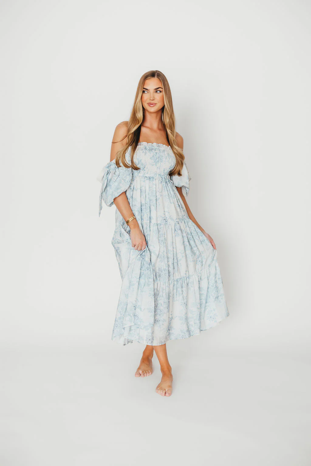 Elena Floral Print Smocked Midi Dress in Blue - Bump Friendly & Inclusive Sizing - Image 4