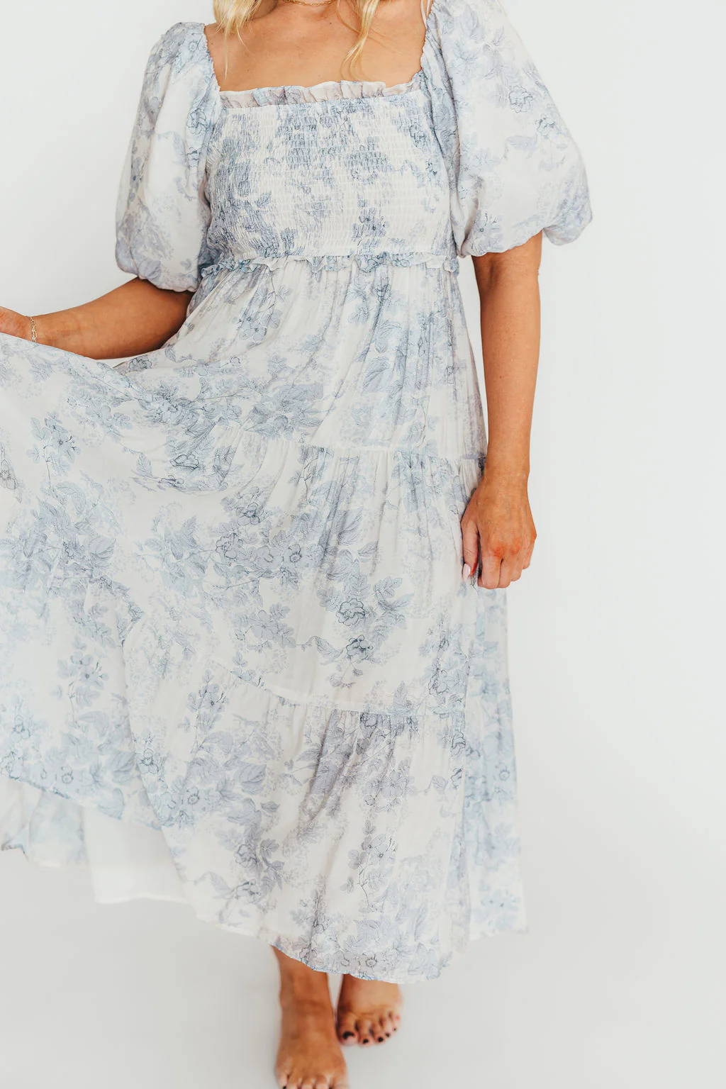Elena Floral Print Smocked Midi Dress in Blue - Bump Friendly & Inclusive Sizing - Image 40