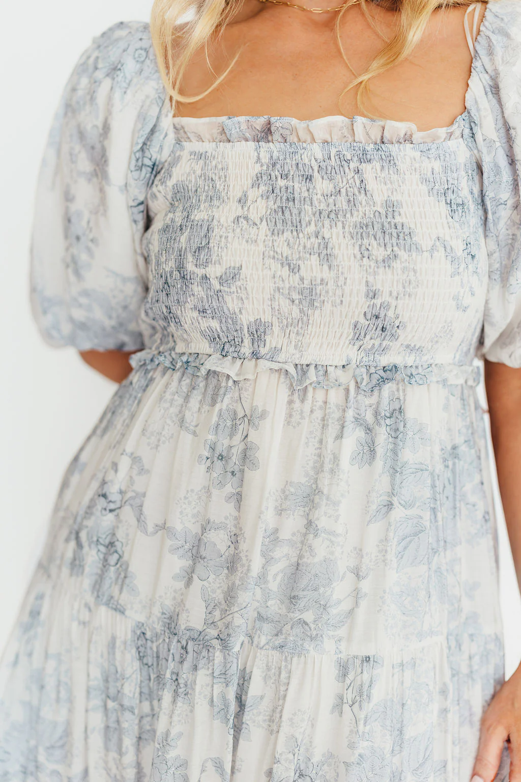 Elena Floral Print Smocked Midi Dress in Blue - Bump Friendly & Inclusive Sizing - Image 41