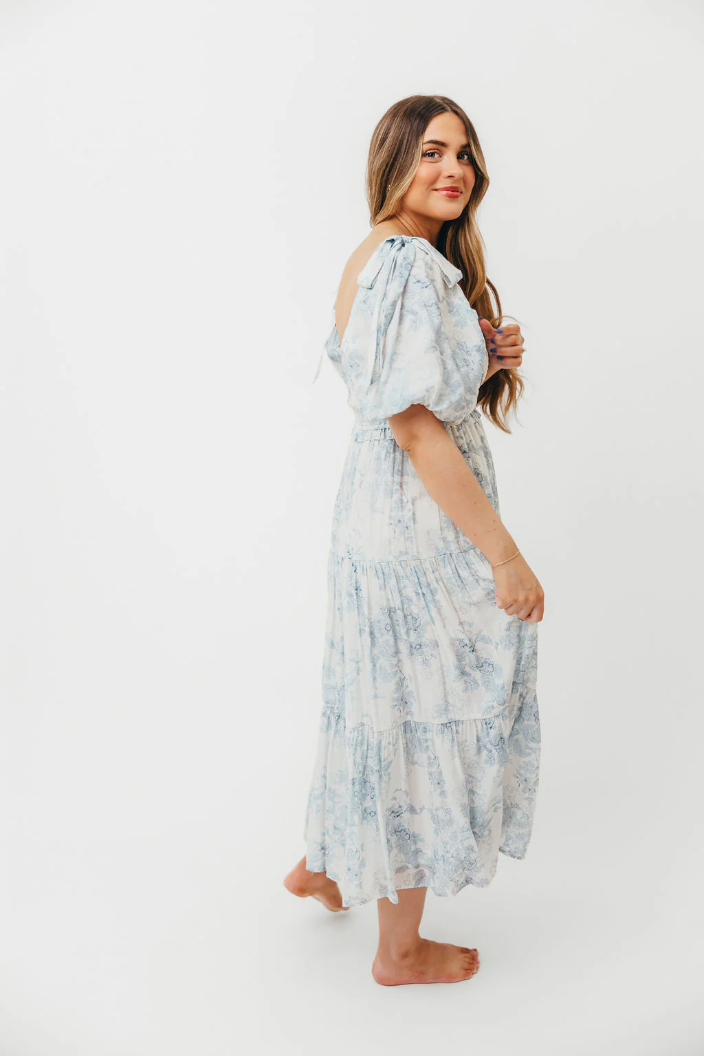 Elena Floral Print Smocked Midi Dress in Blue - Bump Friendly & Inclusive Sizing - Image 43