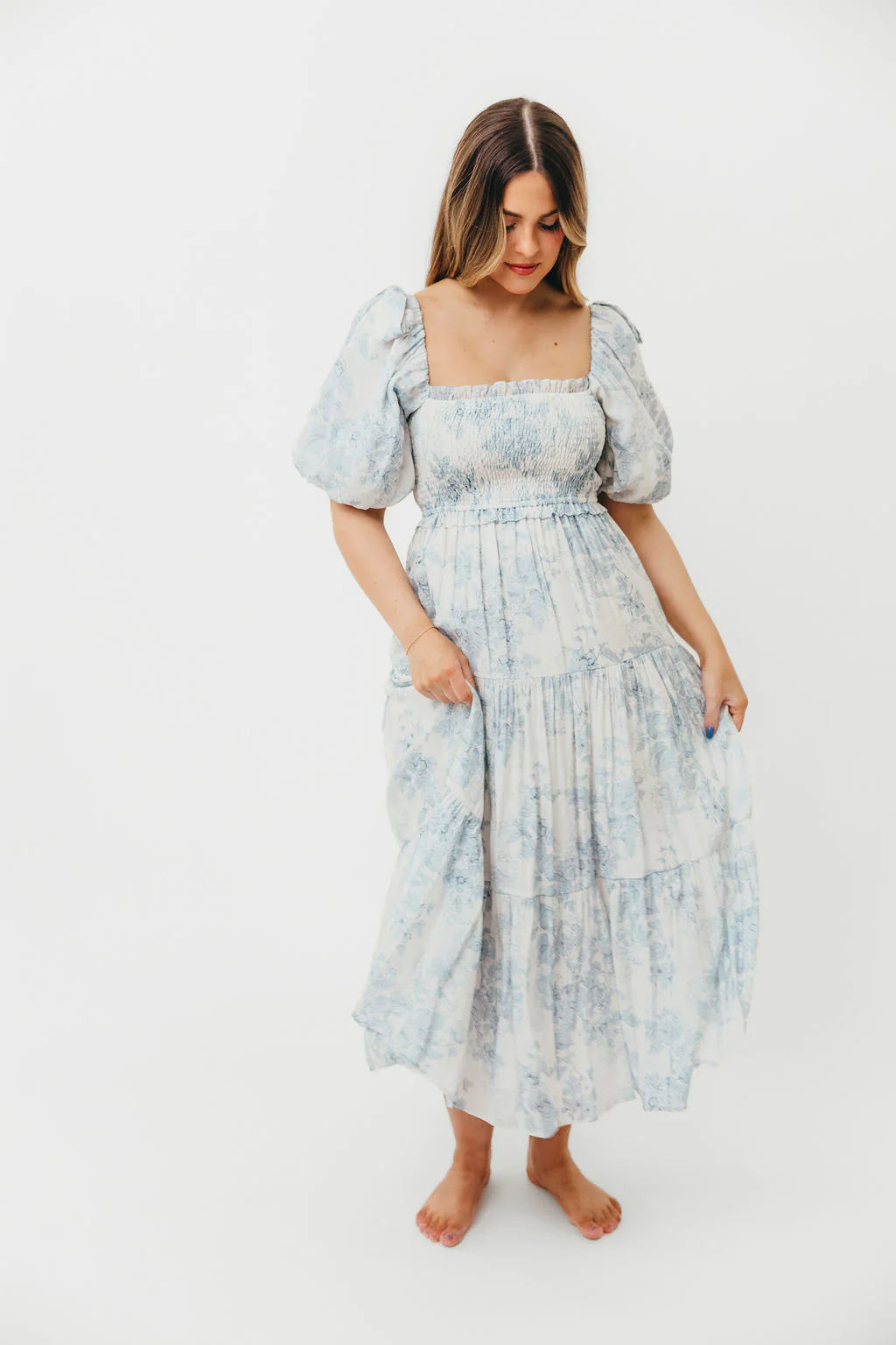 Elena Floral Print Smocked Midi Dress in Blue - Bump Friendly & Inclusive Sizing - Image 44