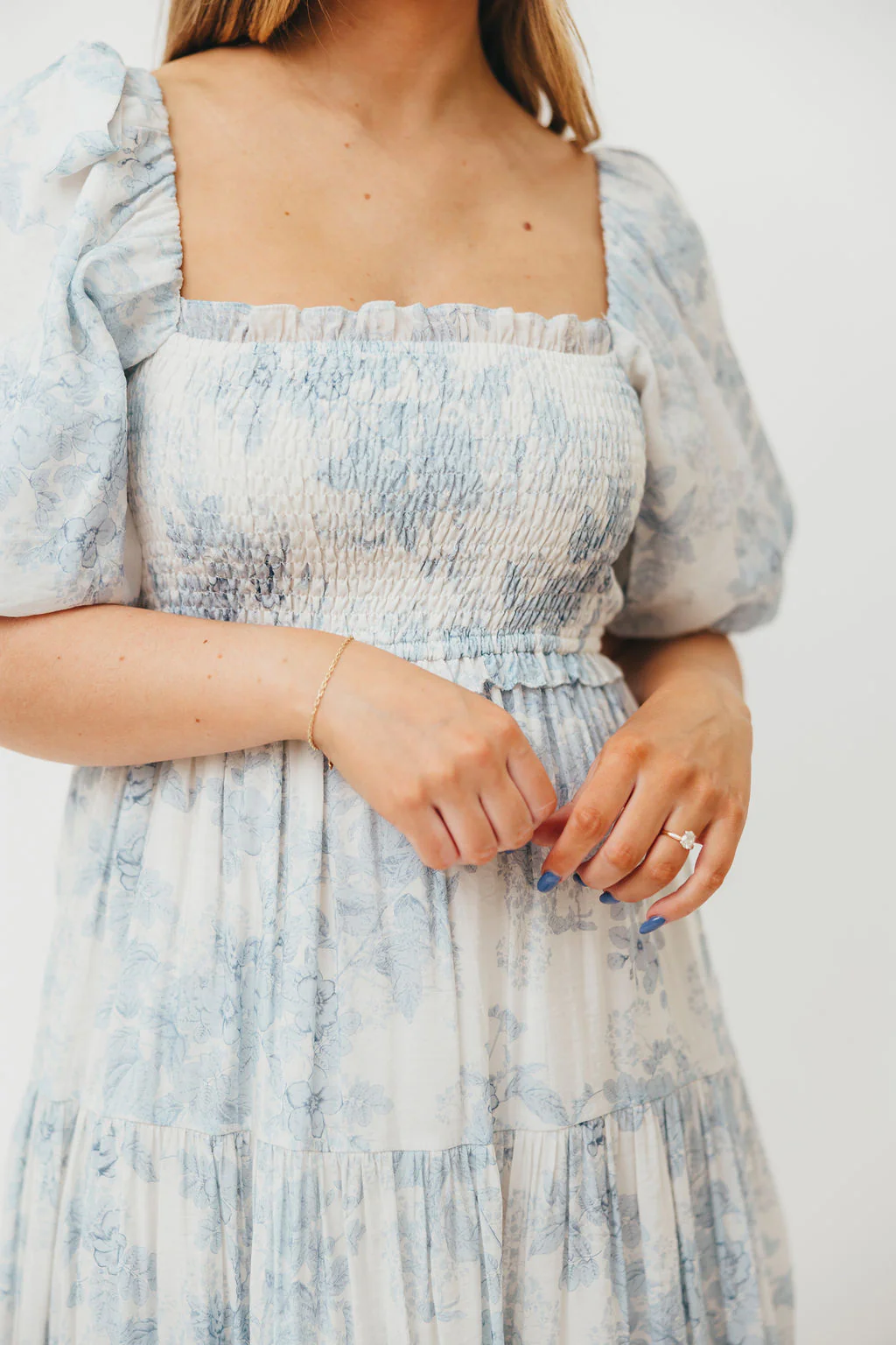 Elena Floral Print Smocked Midi Dress in Blue - Bump Friendly & Inclusive Sizing - Image 45