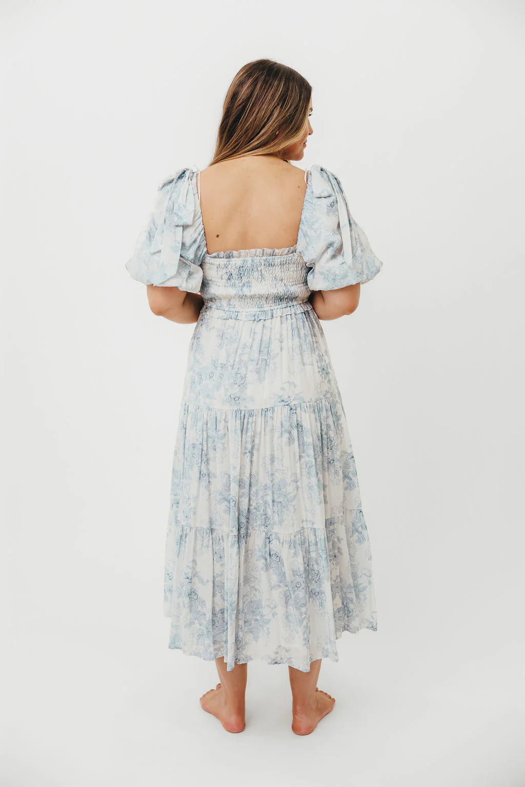 Elena Floral Print Smocked Midi Dress in Blue - Bump Friendly & Inclusive Sizing - Image 46