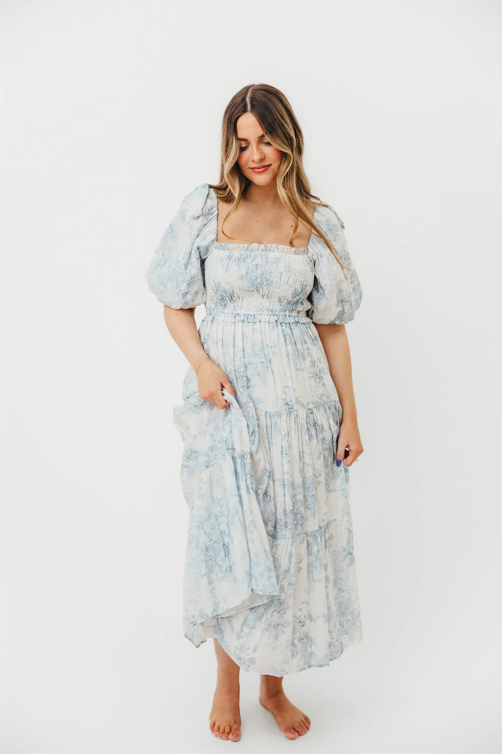 Elena Floral Print Smocked Midi Dress in Blue - Bump Friendly & Inclusive Sizing - Image 5