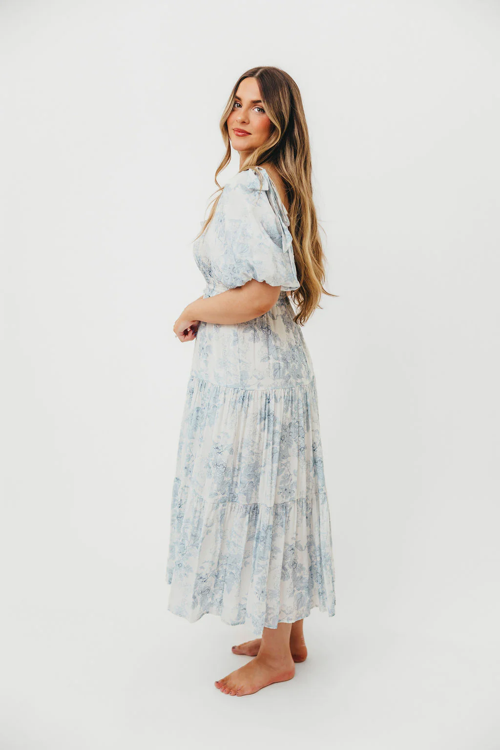 Elena Floral Print Smocked Midi Dress in Blue - Bump Friendly & Inclusive Sizing - Image 6