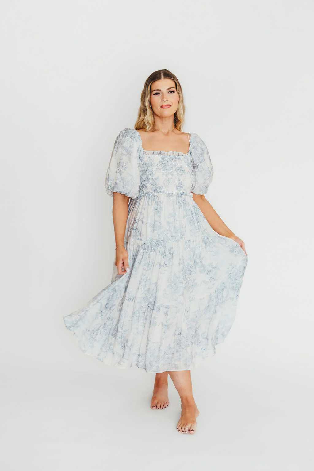 Elena Floral Print Smocked Midi Dress in Blue - Bump Friendly & Inclusive Sizing - Image 7