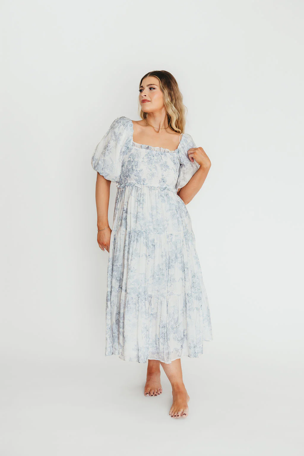 Elena Floral Print Smocked Midi Dress in Blue - Bump Friendly & Inclusive Sizing - Image 8