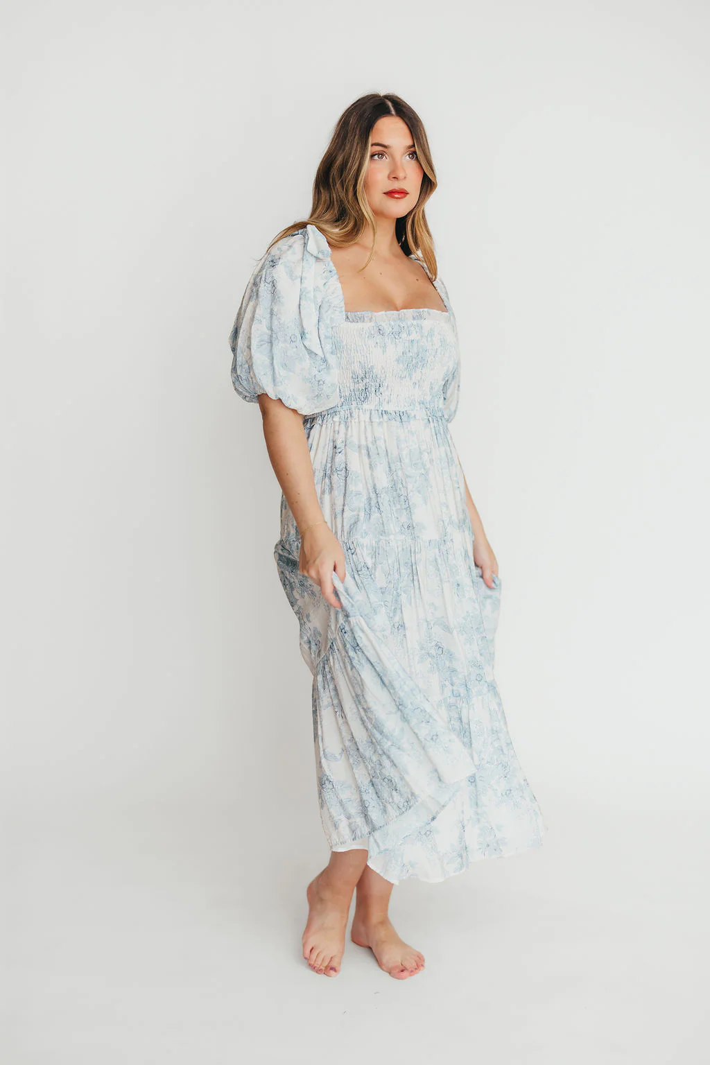 Elena Floral Print Smocked Midi Dress in Blue - Bump Friendly & Inclusive Sizing - Image 9
