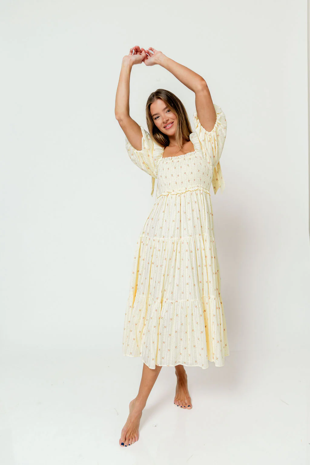 Elena 100% Cotton Midi Dress in Butter Floral - Bump Friendly - Image 3