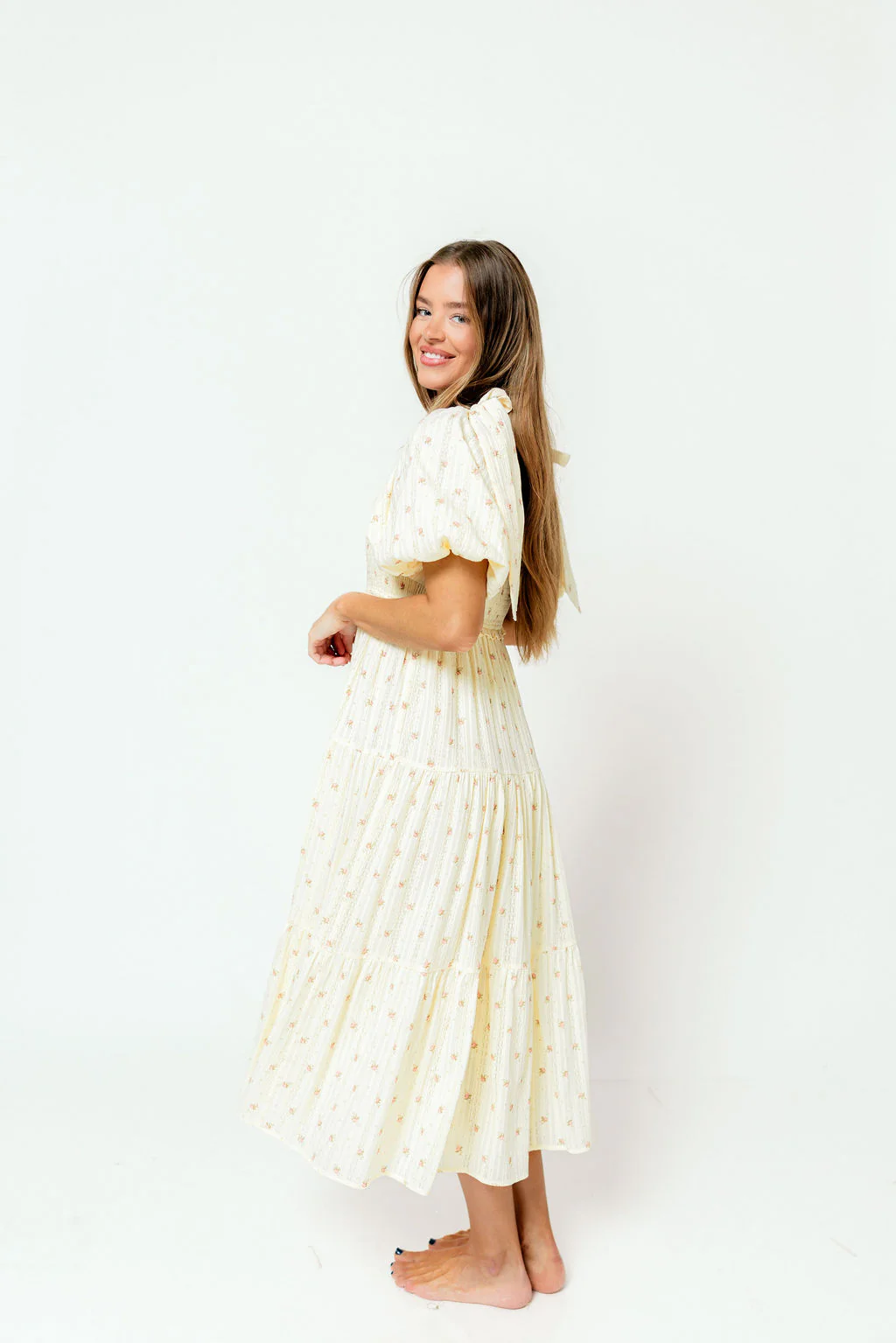 Elena 100% Cotton Midi Dress in Butter Floral - Bump Friendly - Image 6