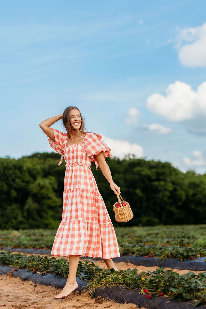 Elena 100% Cotton Gingham Midi Dress in Red - Bump Friendly