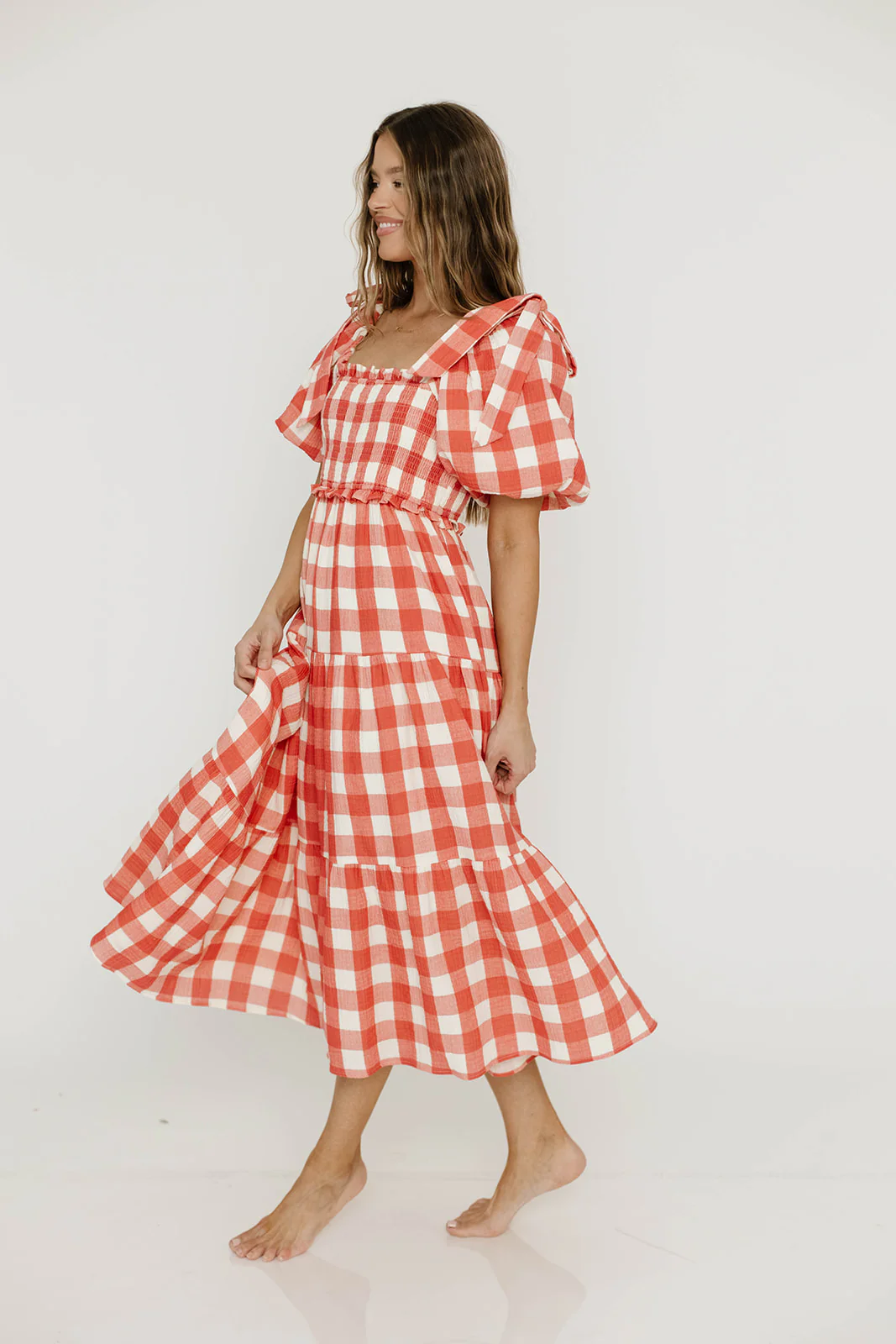 Elena 100% Cotton Gingham Midi Dress in Red - Bump Friendly - Image 10