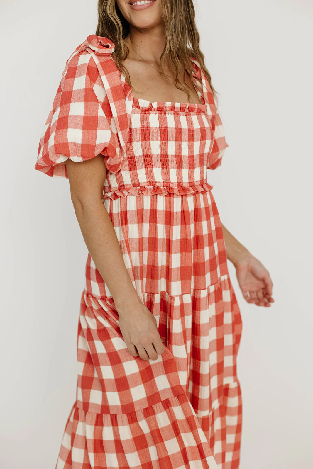 Elena 100% Cotton Gingham Midi Dress in Red - Bump Friendly - Image 14