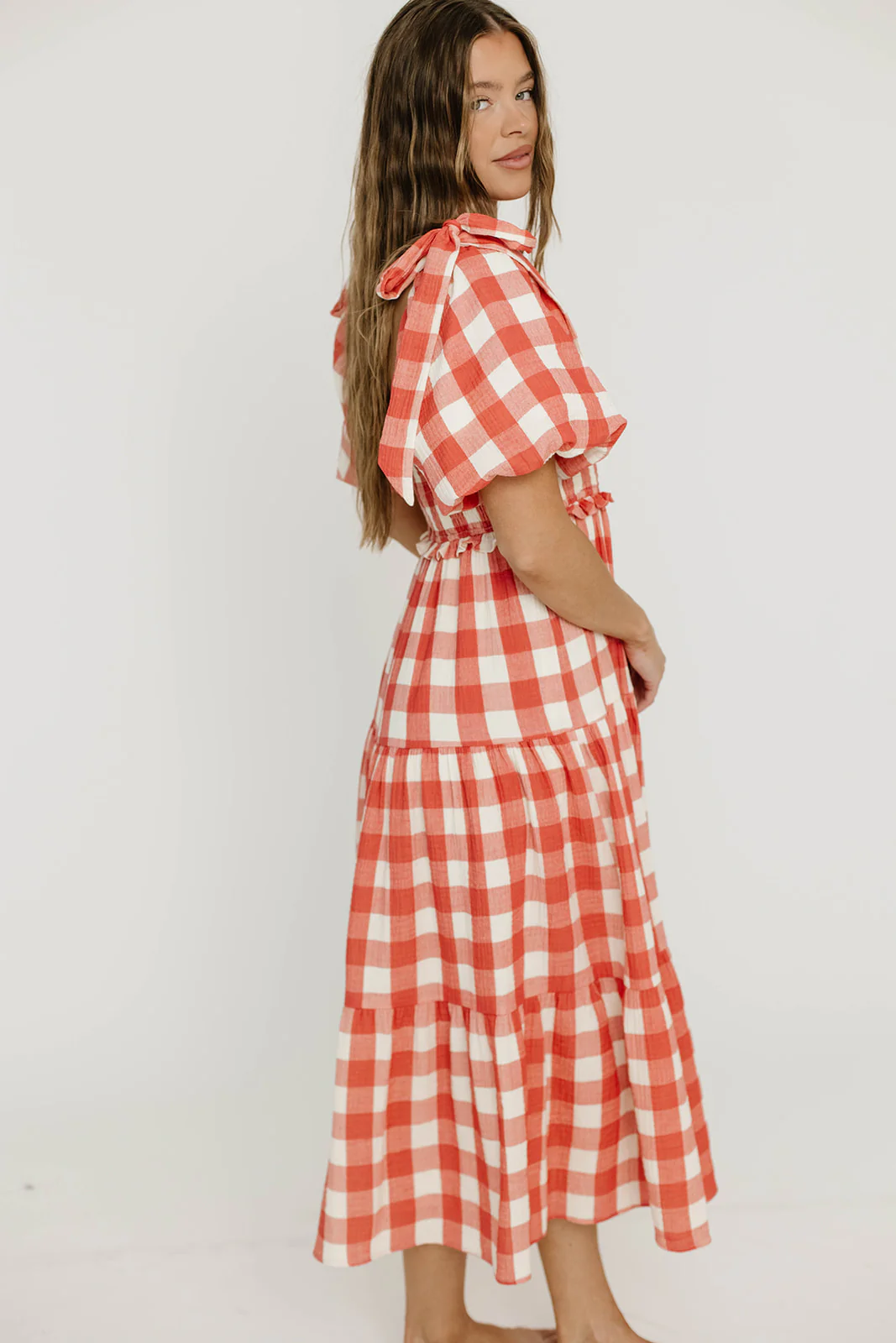 Elena 100% Cotton Gingham Midi Dress in Red - Bump Friendly - Image 16