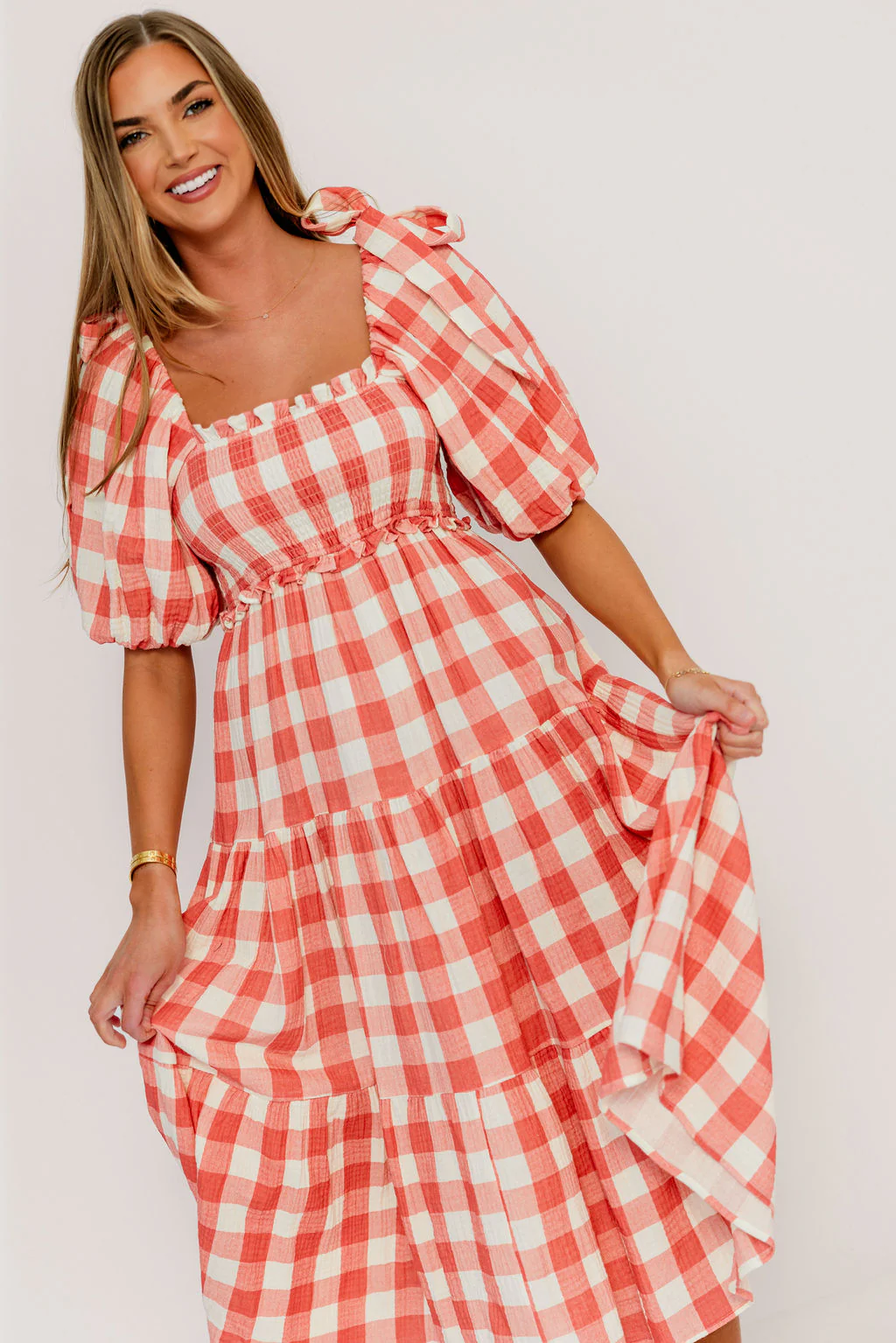 Elena 100% Cotton Gingham Midi Dress in Red - Bump Friendly - Image 17