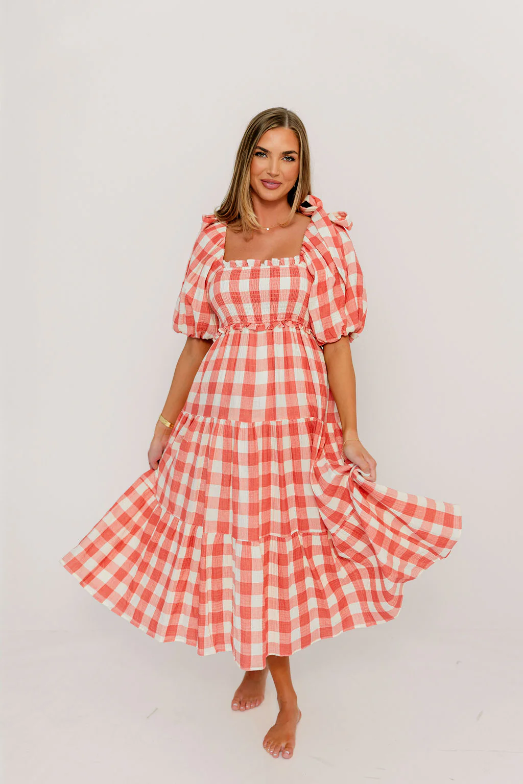 Elena 100% Cotton Gingham Midi Dress in Red - Bump Friendly - Image 18