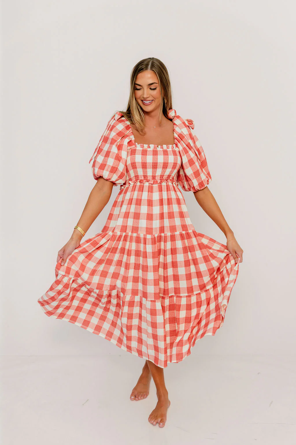 Elena 100% Cotton Gingham Midi Dress in Red - Bump Friendly - Image 19