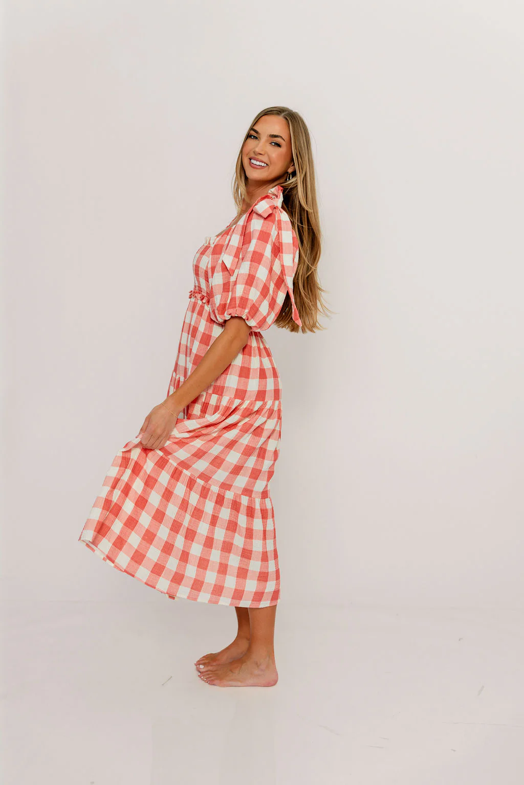 Elena 100% Cotton Gingham Midi Dress in Red - Bump Friendly - Image 20