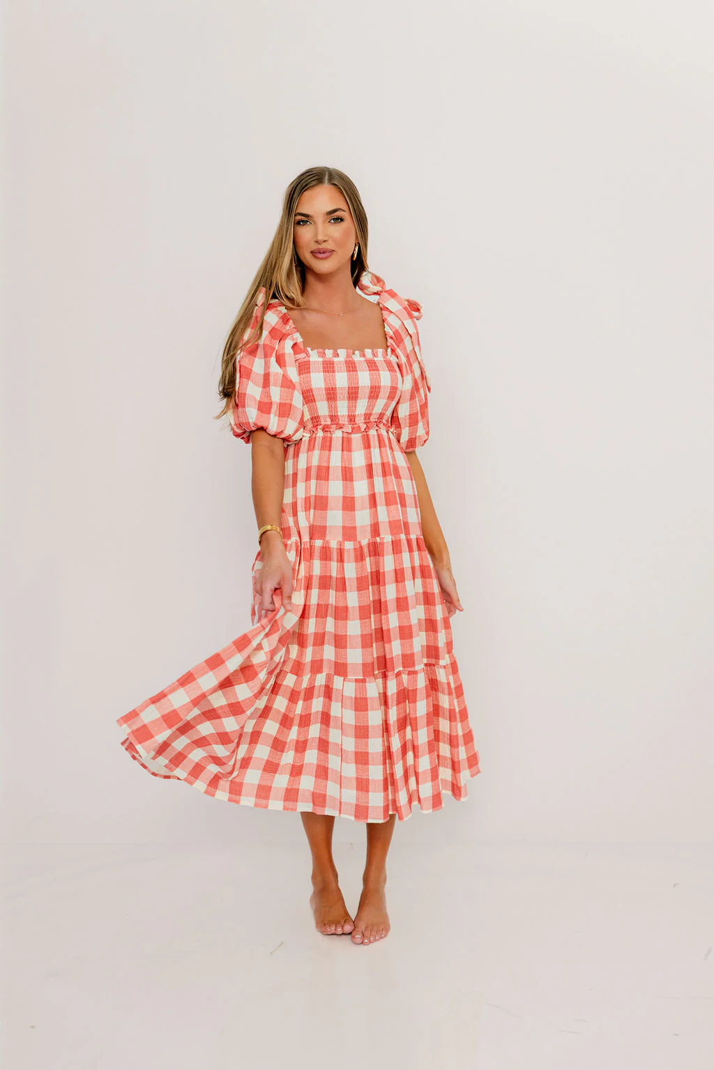 Elena 100% Cotton Gingham Midi Dress in Red - Bump Friendly - Image 21