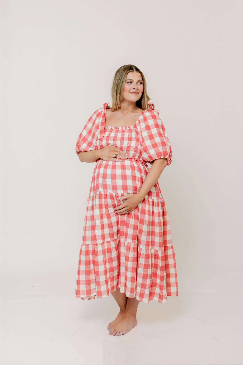 Elena 100% Cotton Gingham Midi Dress in Red - Bump Friendly - Image 26