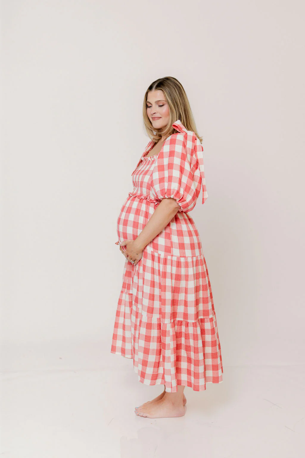 Elena 100% Cotton Gingham Midi Dress in Red - Bump Friendly - Image 27