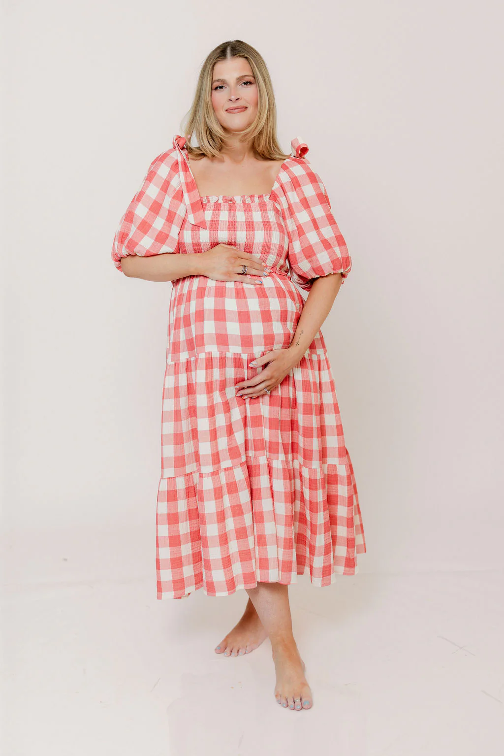 Elena 100% Cotton Gingham Midi Dress in Red - Bump Friendly - Image 30