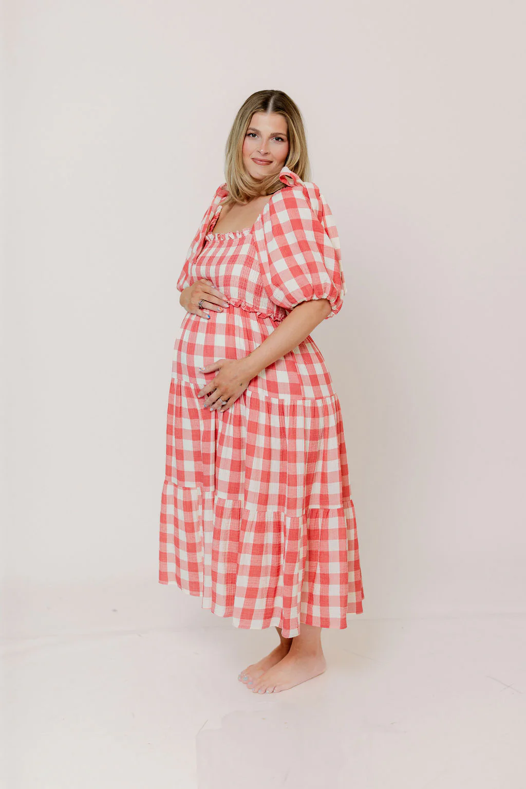 Elena 100% Cotton Gingham Midi Dress in Red - Bump Friendly - Image 31