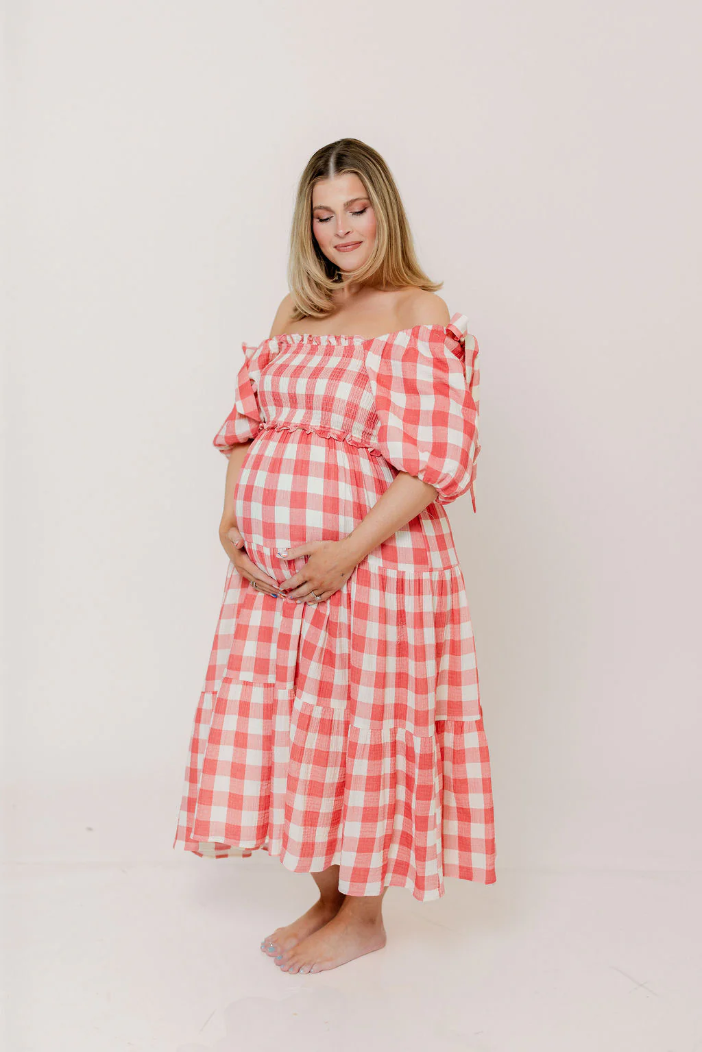 Elena 100% Cotton Gingham Midi Dress in Red - Bump Friendly - Image 32