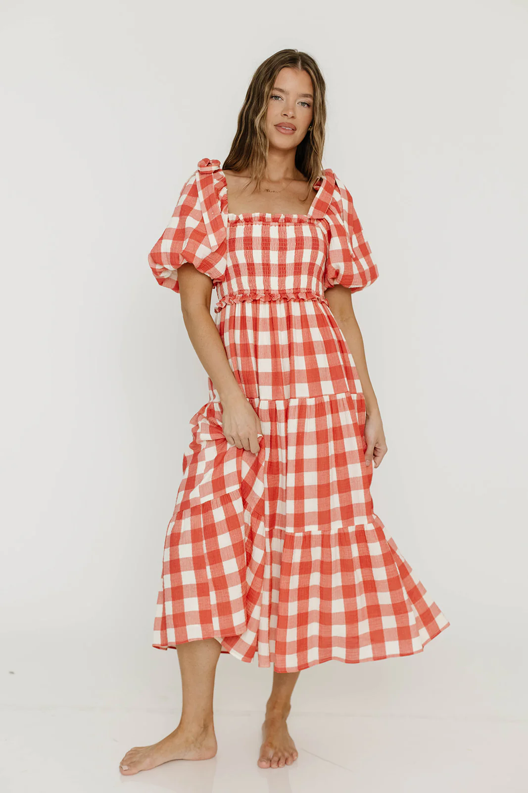Elena 100% Cotton Gingham Midi Dress in Red - Bump Friendly - Image 6