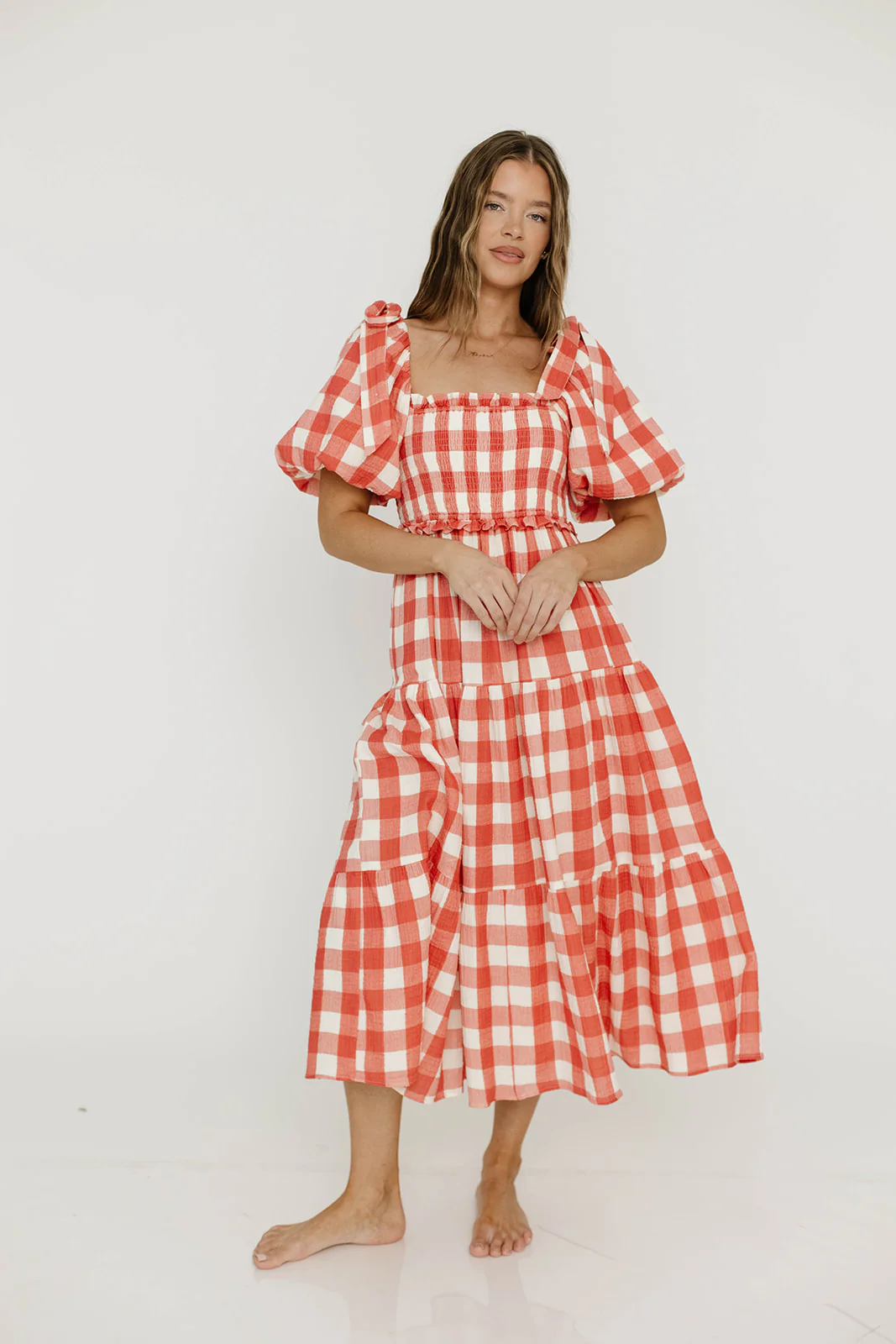 Elena 100% Cotton Gingham Midi Dress in Red - Bump Friendly - Image 7