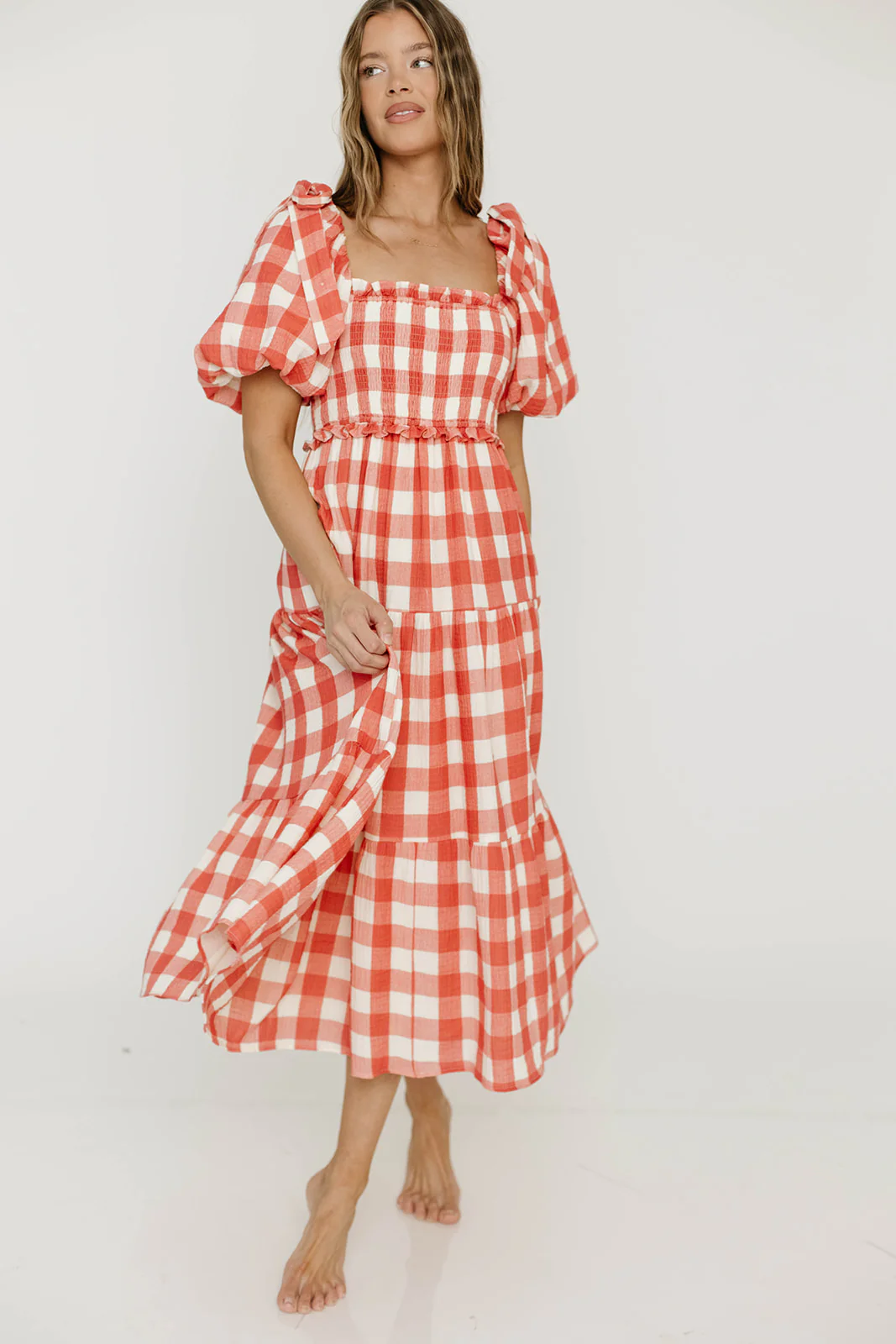 Elena 100% Cotton Gingham Midi Dress in Red - Bump Friendly - Image 8